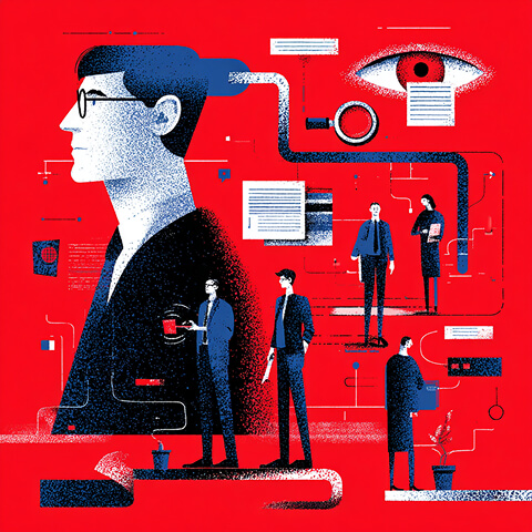 Large profile illustration connected to various digital touchpoints and people, representing user-centric branding and audience targeting.