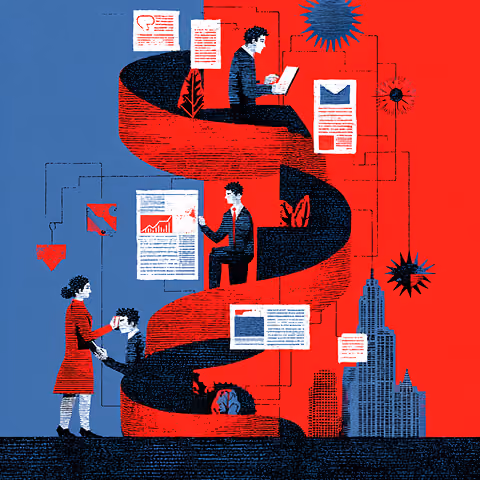 People moving along a structured, upward path with content and data visuals, representing growth through strategic digital branding.