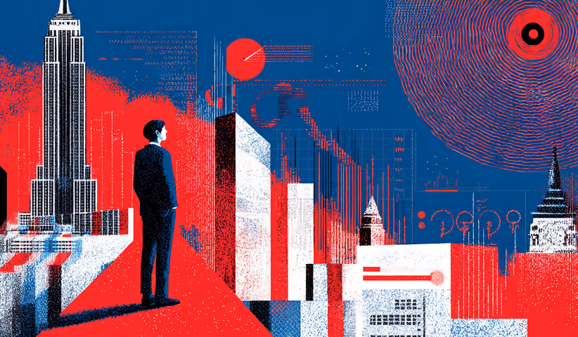 Individual observing a city skyline with data overlays, representing market analysis and strategic brand positioning.