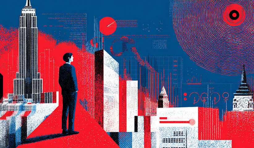 Individual observing a city skyline with data overlays, representing market analysis and strategic brand positioning.