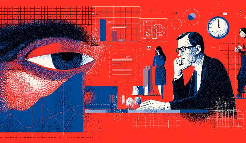 Close-up of an eye with digital overlays and a person working, representing insights, monitoring, and brand perception analysis.