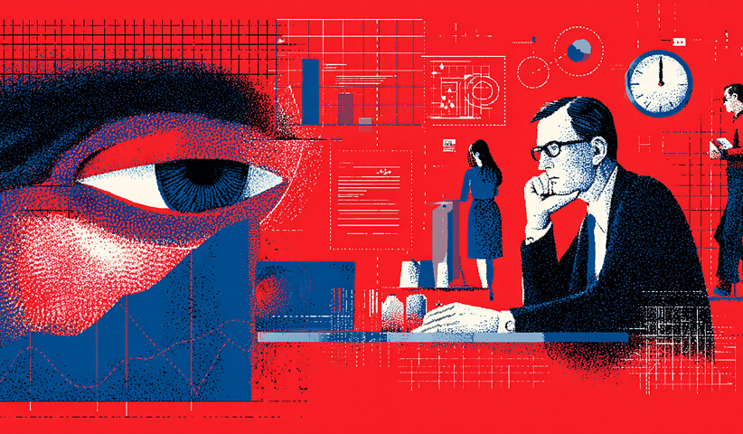Close-up of an eye with digital overlays and a person working, representing insights, monitoring, and brand perception analysis.