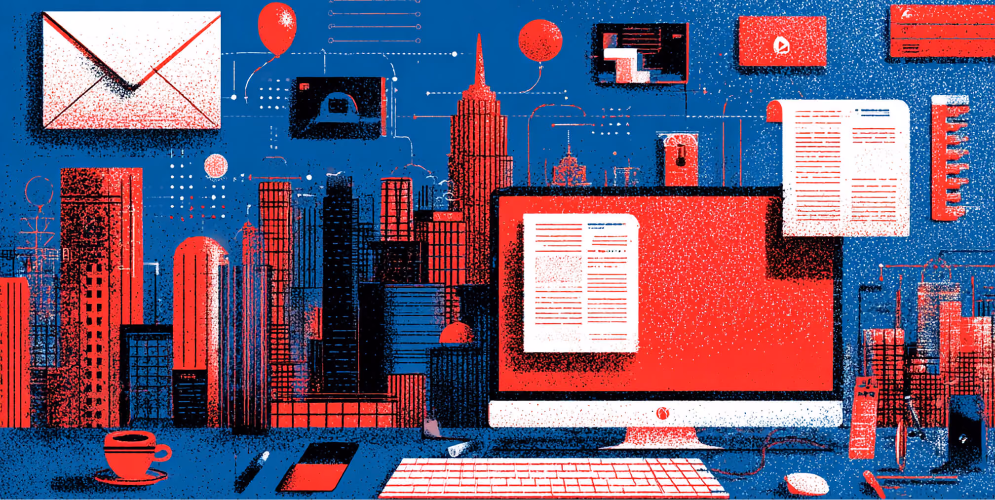 Digital workspace featuring a computer, emails, and content elements over a city backdrop, representing content distribution and digital ecosystem management.