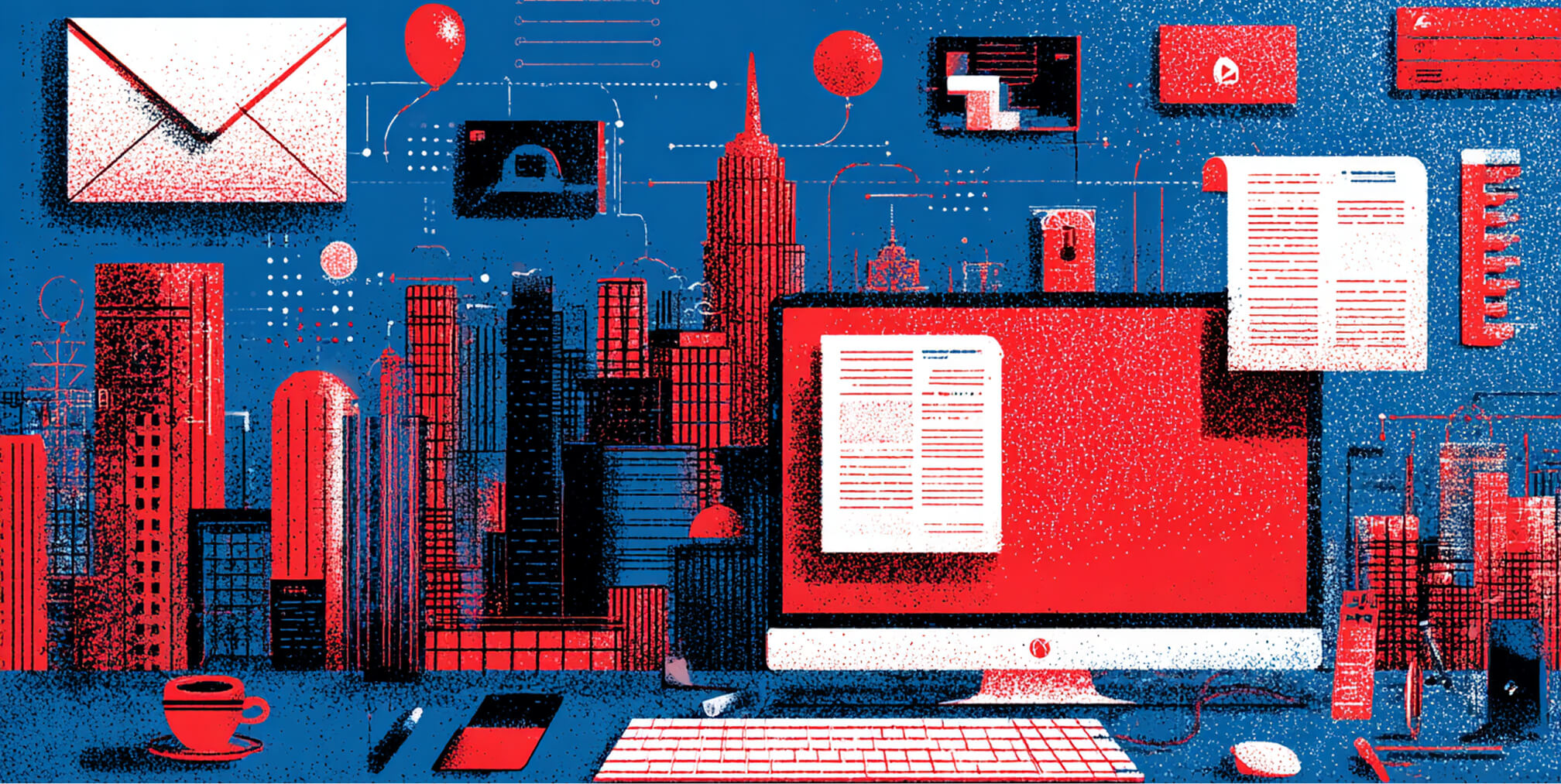Digital workspace featuring a computer, emails, and content elements over a city backdrop, representing content distribution and digital ecosystem management.