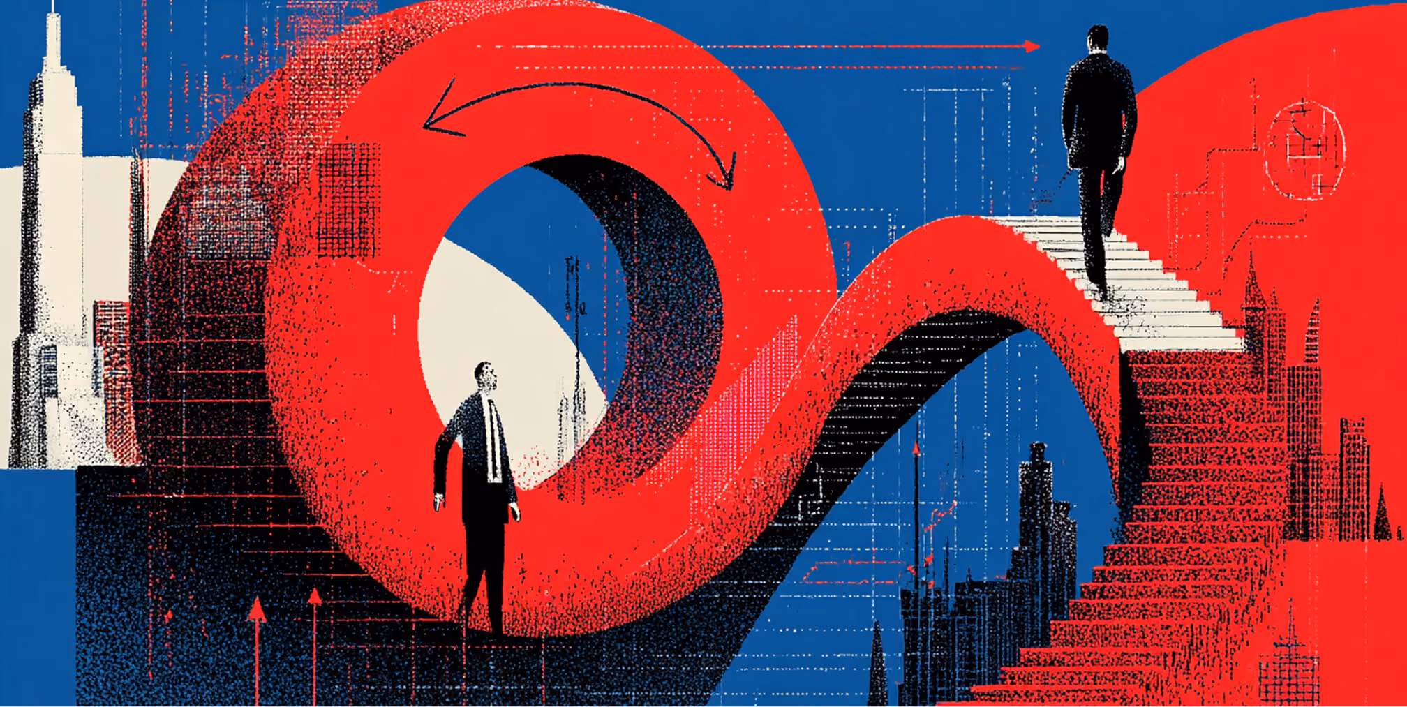 Figure navigating a looping path between city structures, representing continuous optimization and evolving digital branding strategies.