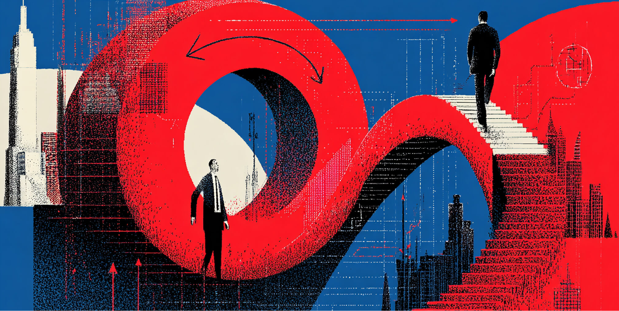 Figure navigating a looping path between city structures, representing continuous optimization and evolving digital branding strategies.