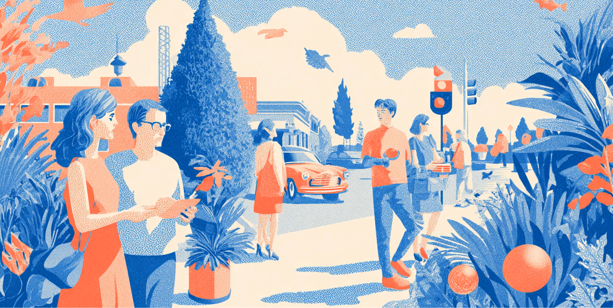 People interacting in a vibrant city environment filled with greenery, vehicles, and signage, representing advertising woven into everyday urban life.