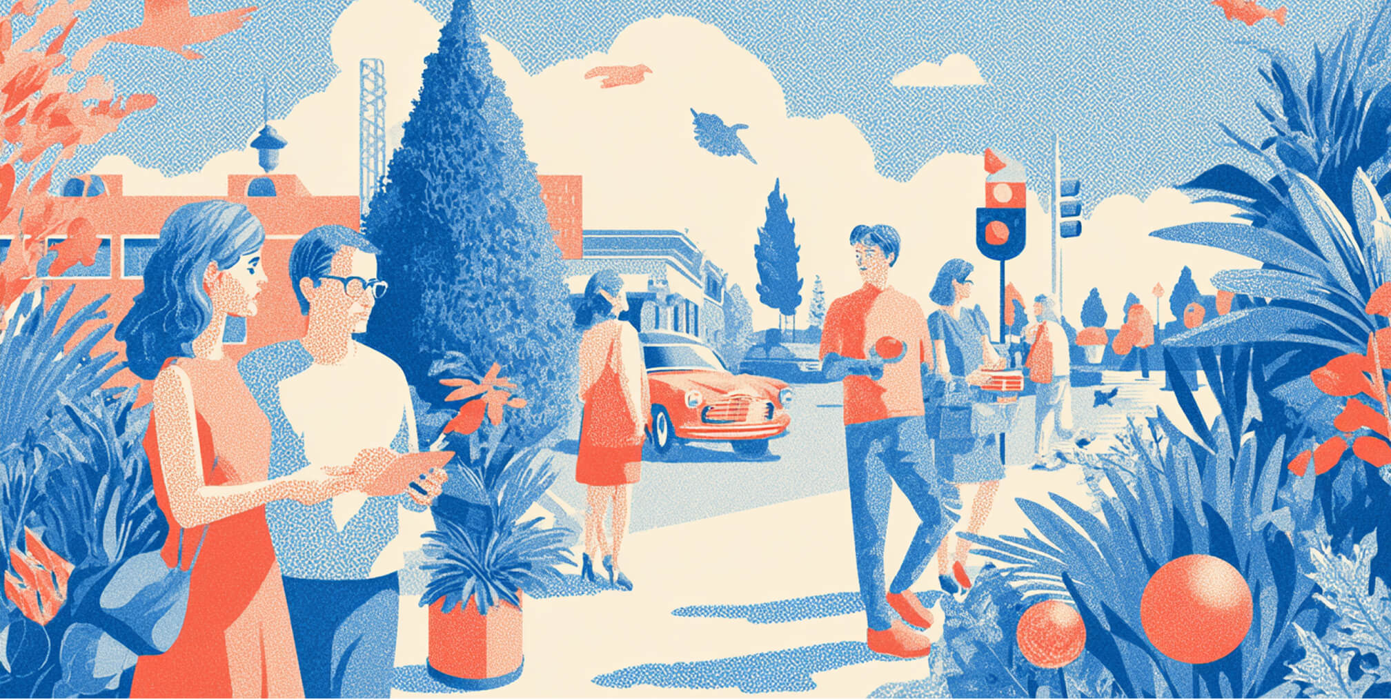 People interacting in a vibrant city environment filled with greenery, vehicles, and signage, representing advertising woven into everyday urban life.