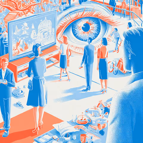 People gathered around oversized screens and a giant eye illustration, representing audience attention, engagement, and visual advertising impact.