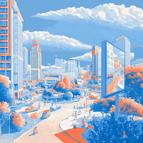 Modern cityscape with a large outdoor billboard overlooking busy streets and pedestrians, representing large-scale outdoor advertising and media visibility.