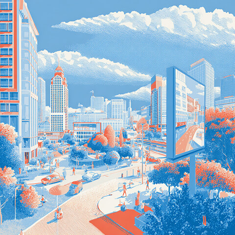 Modern cityscape with a large outdoor billboard overlooking busy streets and pedestrians, representing large-scale outdoor advertising and media visibility.