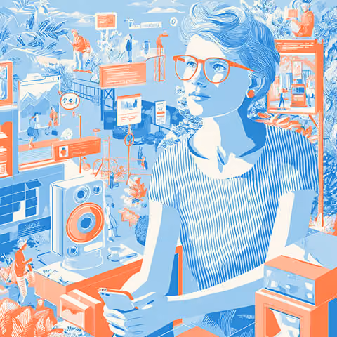 Woman holding a smartphone surrounded by layered digital ads, screens, and city elements, representing personalized and connected advertising experiences.