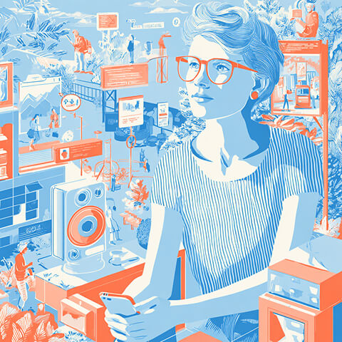 Woman holding a smartphone surrounded by layered digital ads, screens, and city elements, representing personalized and connected advertising experiences.