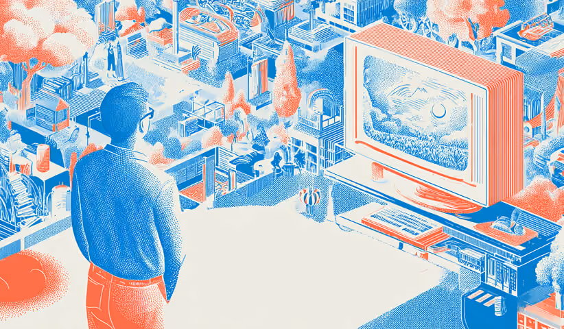 Person overlooking a futuristic city filled with media screens and visual content, representing the broad reach of advertising across environments.