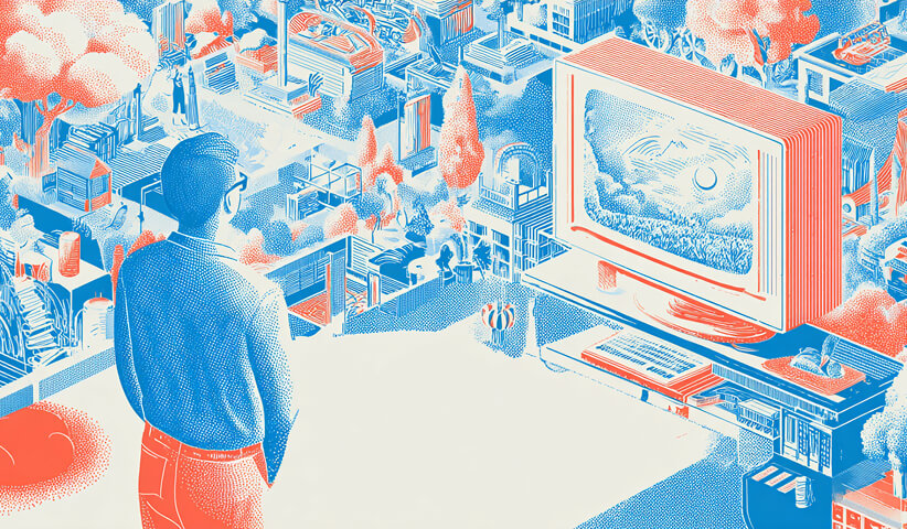 Person overlooking a futuristic city filled with media screens and visual content, representing the broad reach of advertising across environments.