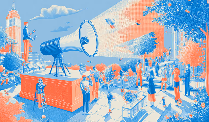 Large megaphone projecting light across a public square filled with people, representing amplified brand messaging and public communication.