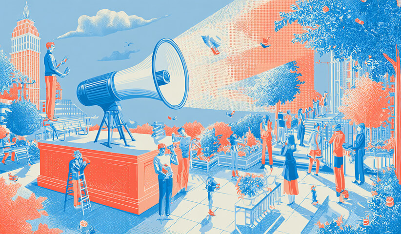 Large megaphone projecting light across a public square filled with people, representing amplified brand messaging and public communication.