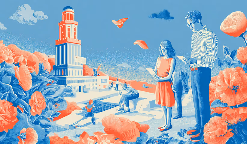 Adult and child reading together in a stylized landscape with flowers and architecture, representing educational and emotionally driven advertising.