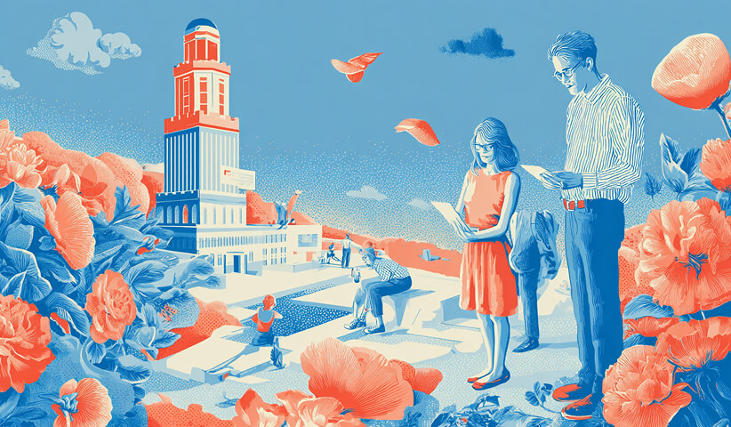 Adult and child reading together in a stylized landscape with flowers and architecture, representing educational and emotionally driven advertising.
