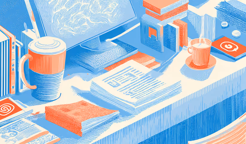 Workspace with printed materials, digital screens, and coffee cups, representing creative planning and content production in advertising campaigns.