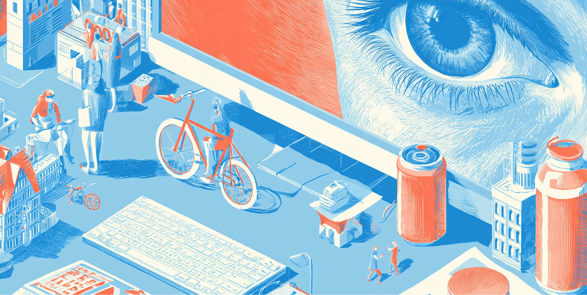 Massive billboard displaying a detailed eye above a busy urban setting, representing visibility, consumer attention, and large-format advertising.