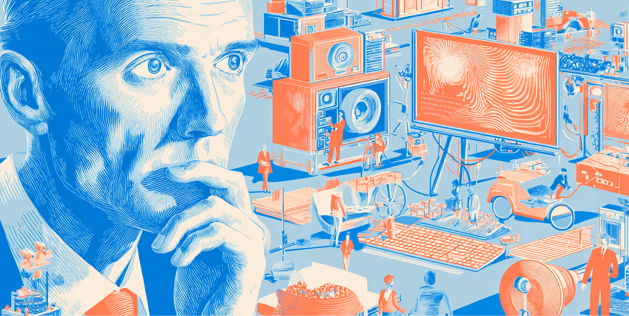 Thoughtful professional surrounded by oversized screens, media equipment, and advertising displays, representing strategic thinking and campaign development in advertising.