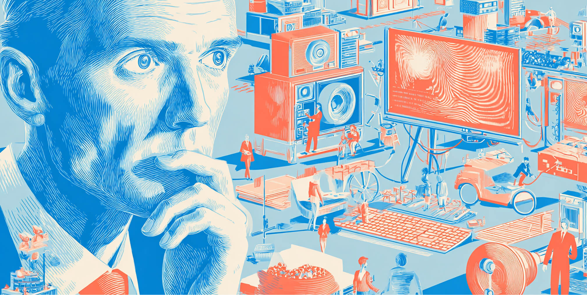 Thoughtful professional surrounded by oversized screens, media equipment, and advertising displays, representing strategic thinking and campaign development in advertising.
