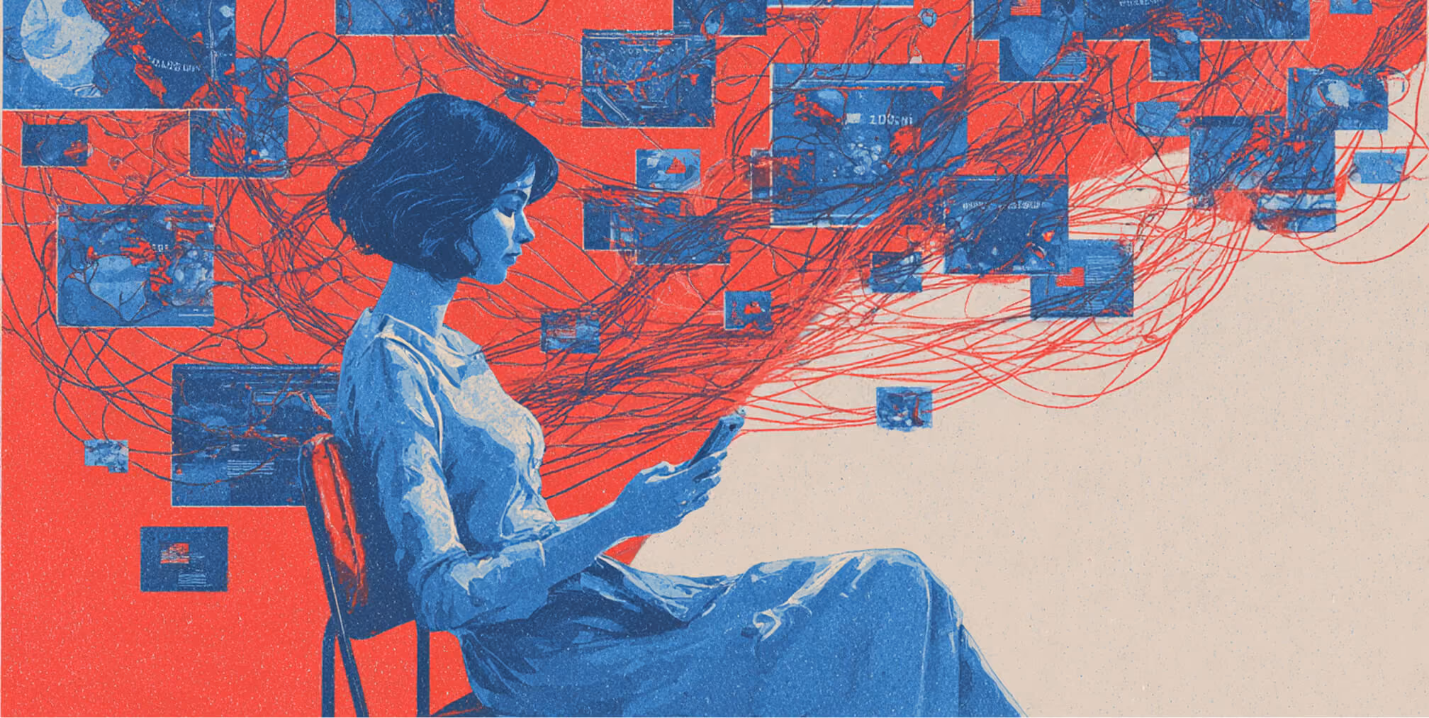 Woman seated while using a smartphone with streams of connected digital content flowing around her, representing data-driven communication and digital marketing networks.