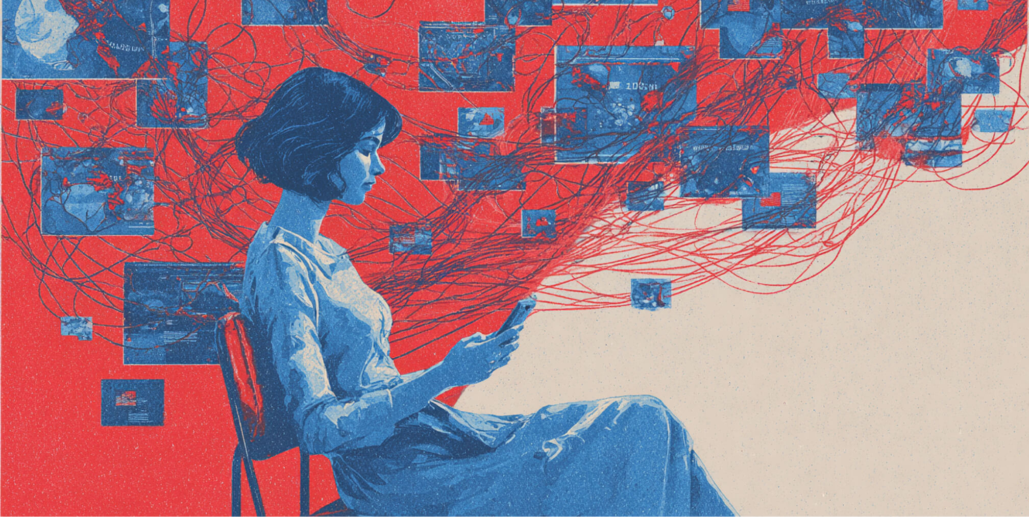 Woman seated while using a smartphone with streams of connected digital content flowing around her, representing data-driven communication and digital marketing networks.