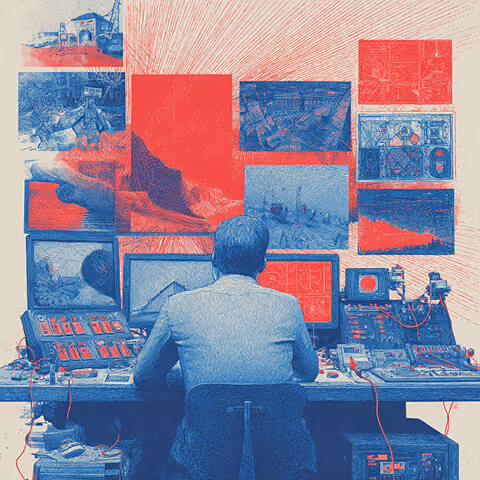 Professional seated at a control desk surrounded by multiple screens and data displays, representing campaign monitoring and digital media management.
