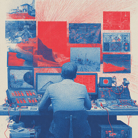 Professional seated at a control desk surrounded by multiple screens and data displays, representing campaign monitoring and digital media management.