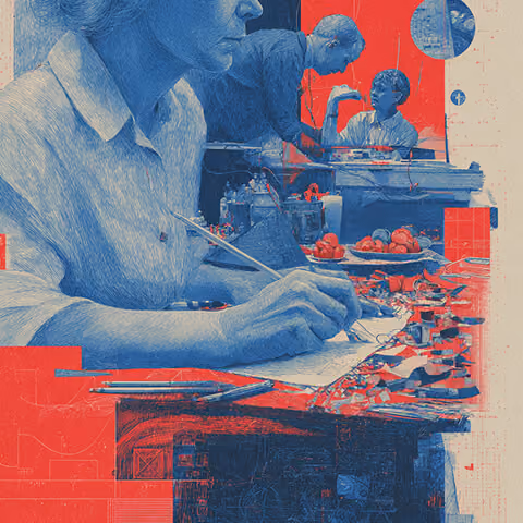 Designer sketching at a cluttered creative workspace with technical overlays and collaborative scenes, representing content creation and marketing production workflows.