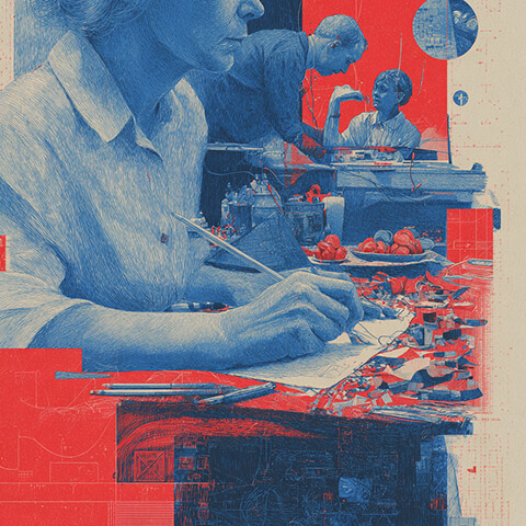 Designer sketching at a cluttered creative workspace with technical overlays and collaborative scenes, representing content creation and marketing production workflows.