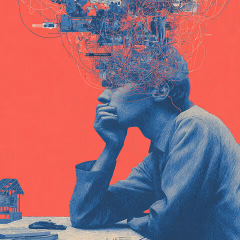 Man deep in thought with layered wires, interfaces, and digital systems emerging from his head, representing strategic thinking and complex digital marketing analysis.
