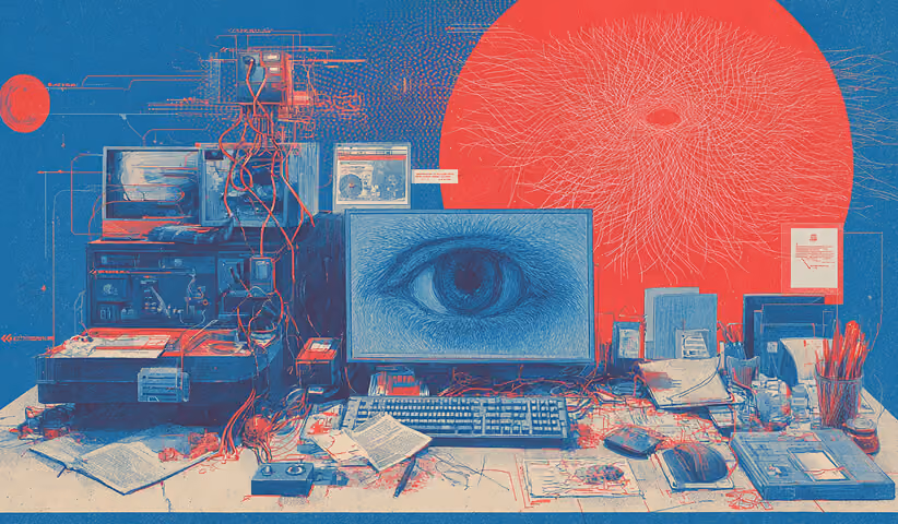 Desk filled with computers, cables, documents, and a large eye displayed on a monitor, representing digital surveillance, analytics, and online audience tracking.