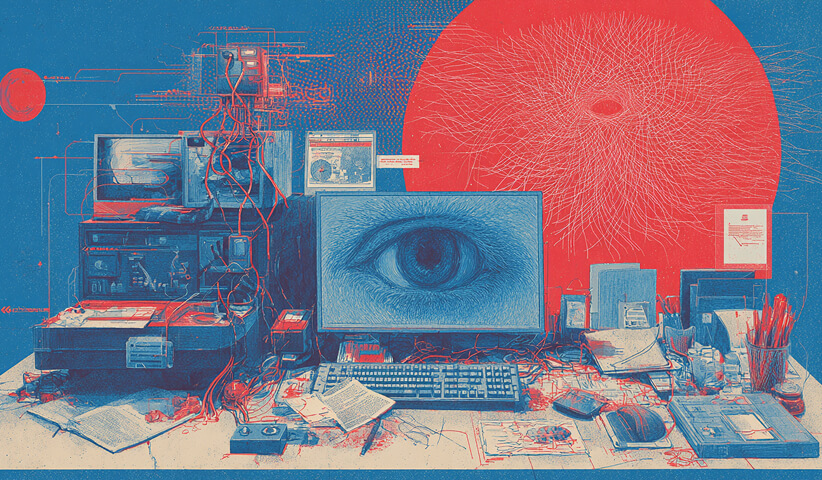 Desk filled with computers, cables, documents, and a large eye displayed on a monitor, representing digital surveillance, analytics, and online audience tracking.