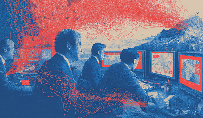Business professionals observing multiple screens with flowing red network lines overhead, representing collaborative digital operations and real-time campaign monitoring.