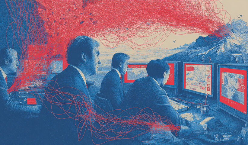 Business professionals observing multiple screens with flowing red network lines overhead, representing collaborative digital operations and real-time campaign monitoring.