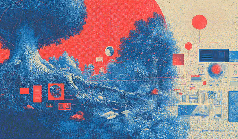 Nature scene blended with digital interfaces and floating data panels, representing the intersection of technology, data, and connected ecosystems.