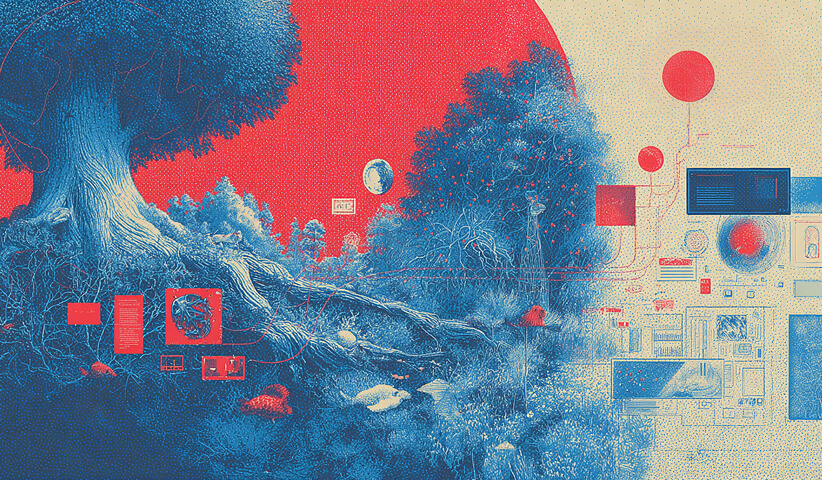 Nature scene blended with digital interfaces and floating data panels, representing the intersection of technology, data, and connected ecosystems.
