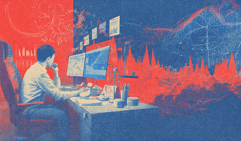 Person working late at a computer while surrounded by graphs, charts, and digital signals, representing performance analysis and data-focused marketing strategies.