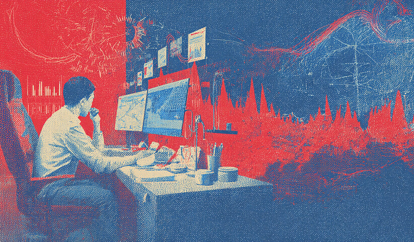 Person working late at a computer while surrounded by graphs, charts, and digital signals, representing performance analysis and data-focused marketing strategies.