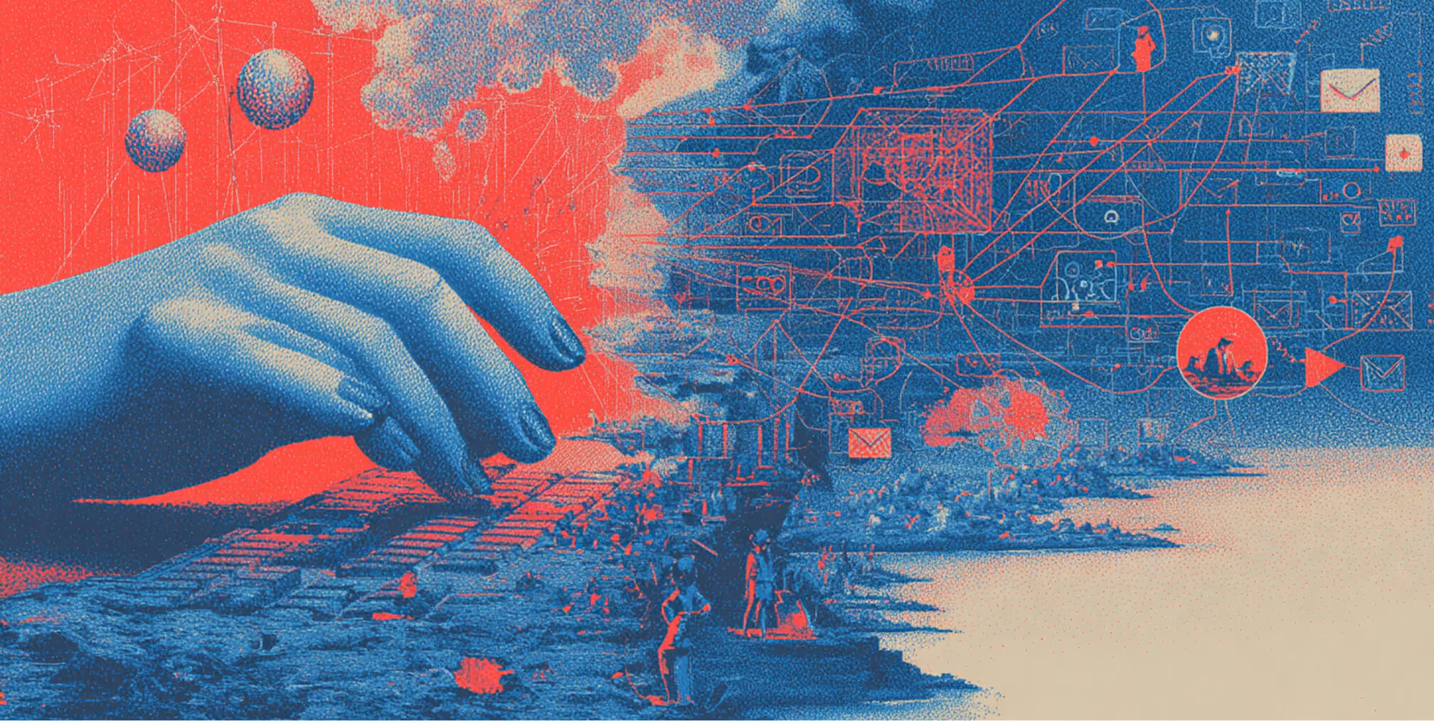 Large hand interacting with a keyboard beside network diagrams and communication icons, representing digital interaction, automation, and online connectivity.