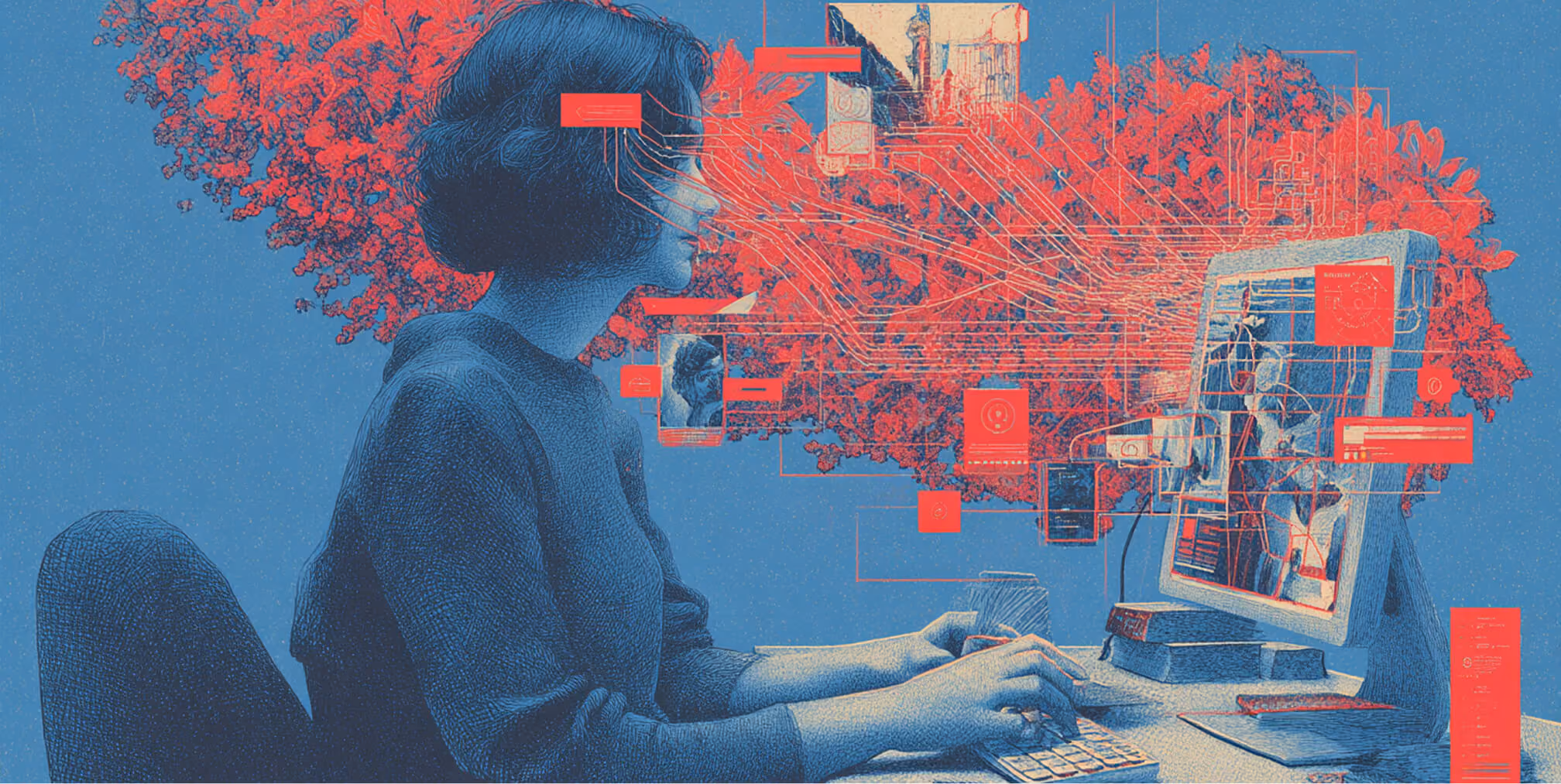 Woman working at a computer while surrounded by connected digital pathways and interface elements, representing integrated digital marketing systems and online engagement.