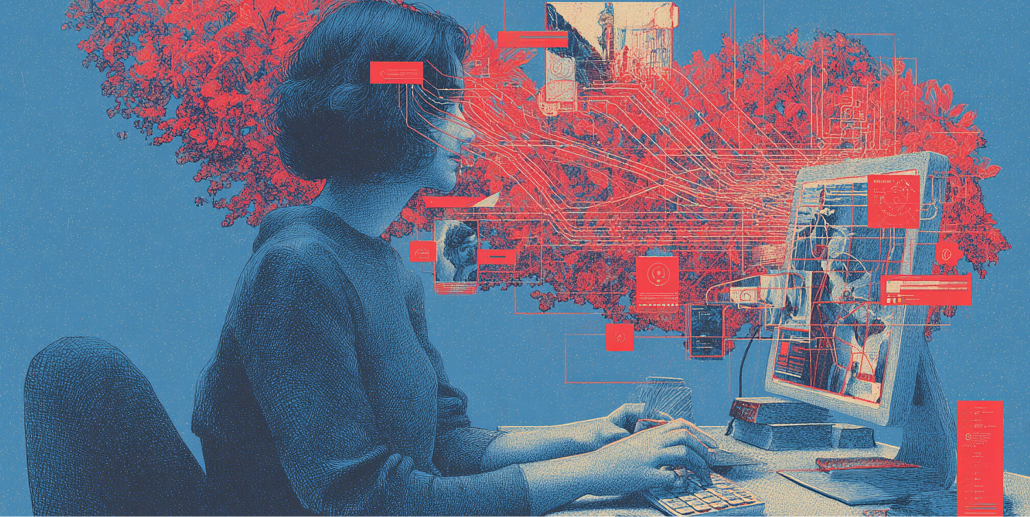 Woman working at a computer while surrounded by connected digital pathways and interface elements, representing integrated digital marketing systems and online engagement.