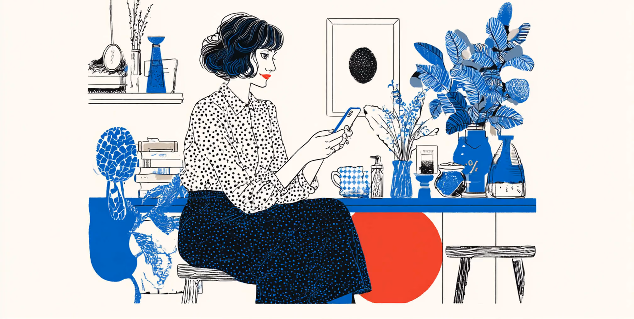 Woman seated at a table while using her smartphone in a stylish home workspace filled with plants, books, and decor, representing social media engagement and creative small business marketing.
