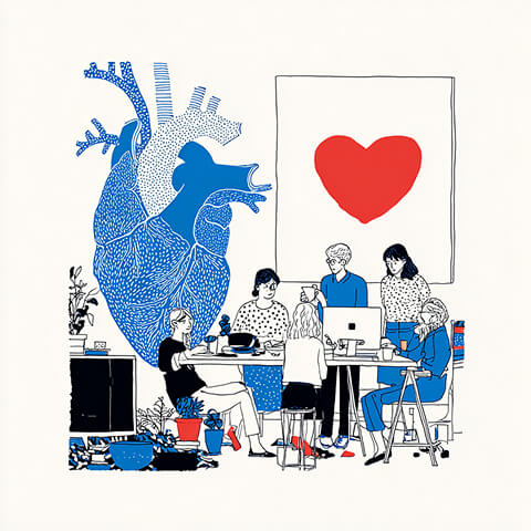 Creative team collaborating around a desk beneath a large heart illustration and anatomical artwork, representing community-driven branding and collaborative marketing strategy.