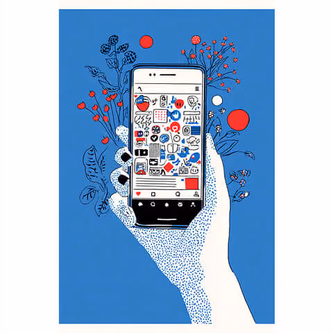 Hand holding a smartphone displaying a social media feed surrounded by decorative floral elements, representing mobile content creation and digital engagement.