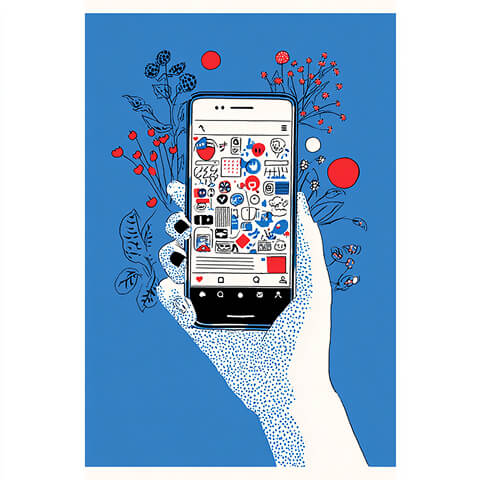 Hand holding a smartphone displaying a social media feed surrounded by decorative floral elements, representing mobile content creation and digital engagement.