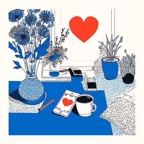 Workspace with flowers, coffee, and a smartphone displaying a heart icon, representing lifestyle branding and audience connection through social media.